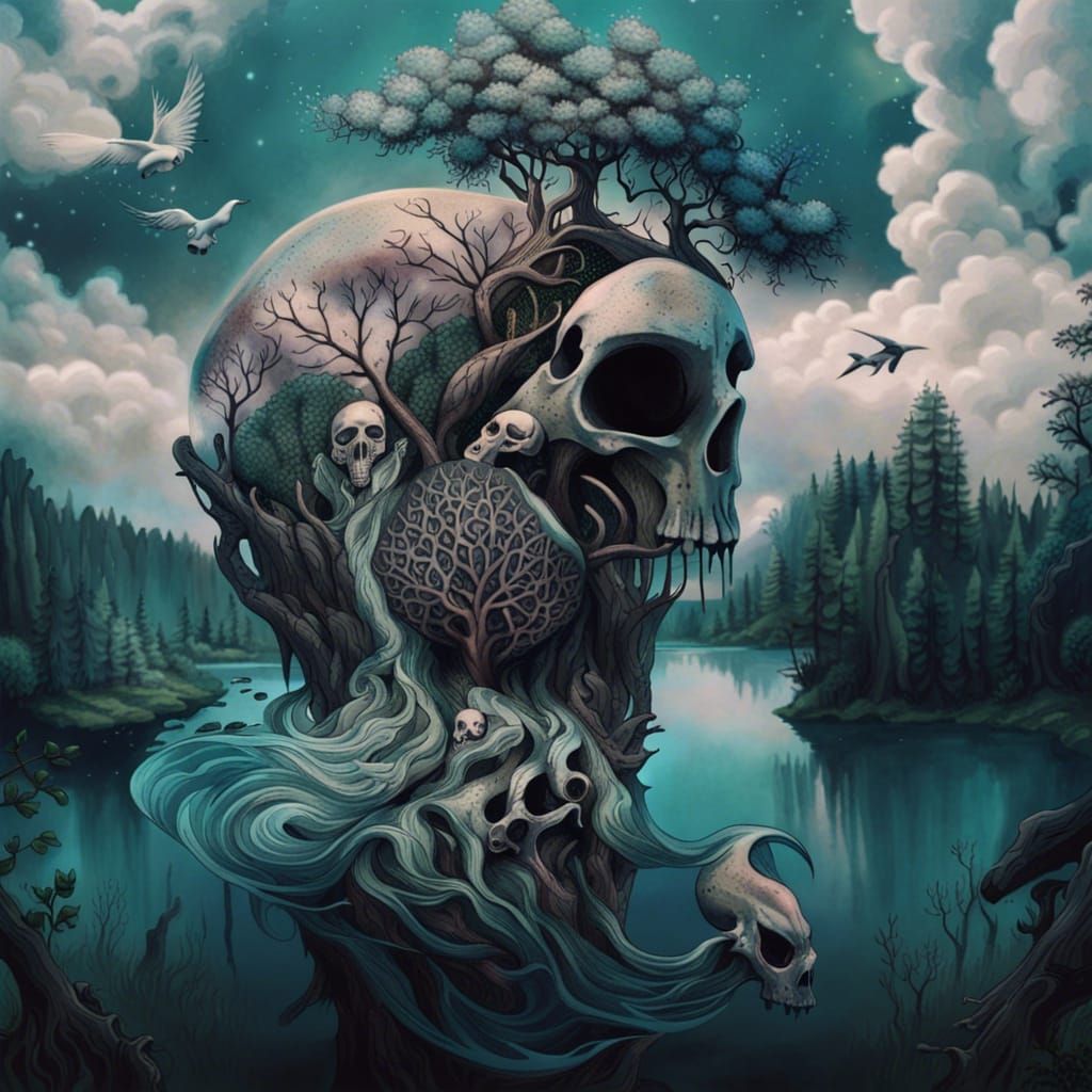 Fantasy Skull with Tattoos in Nature Scene