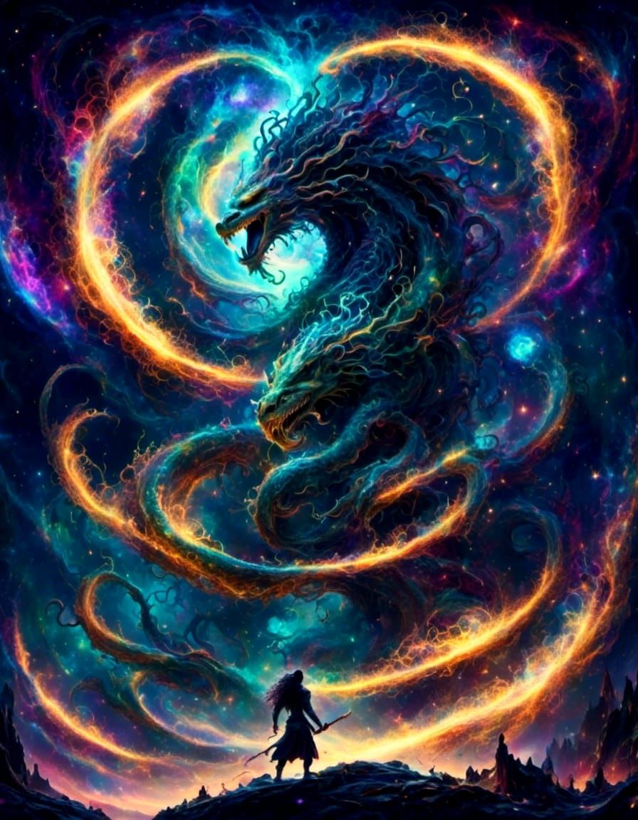 Ogum Battles Dragon with Rose Sword in Ethereal Fantasy