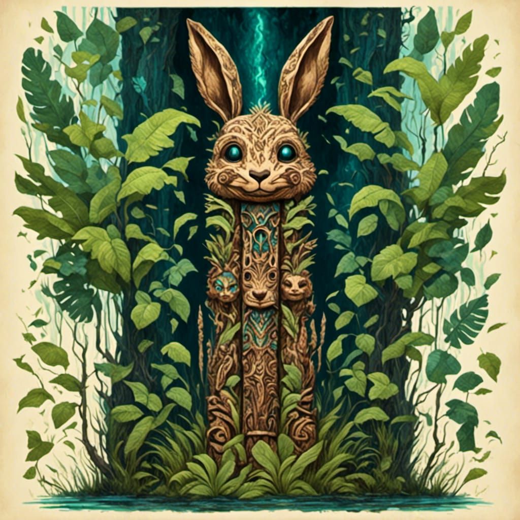 Surreal Pagan Bunny Totem Pole in Forest