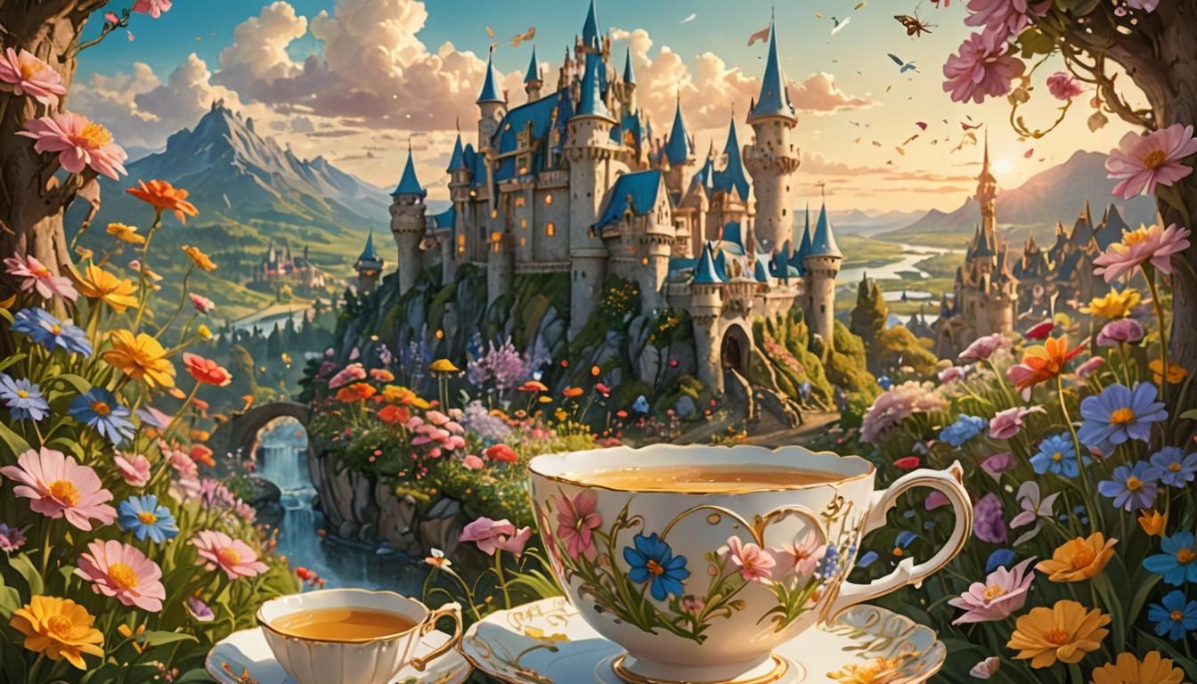 Fairy-Tale Castle in Teacup: Whimsical Digital Art