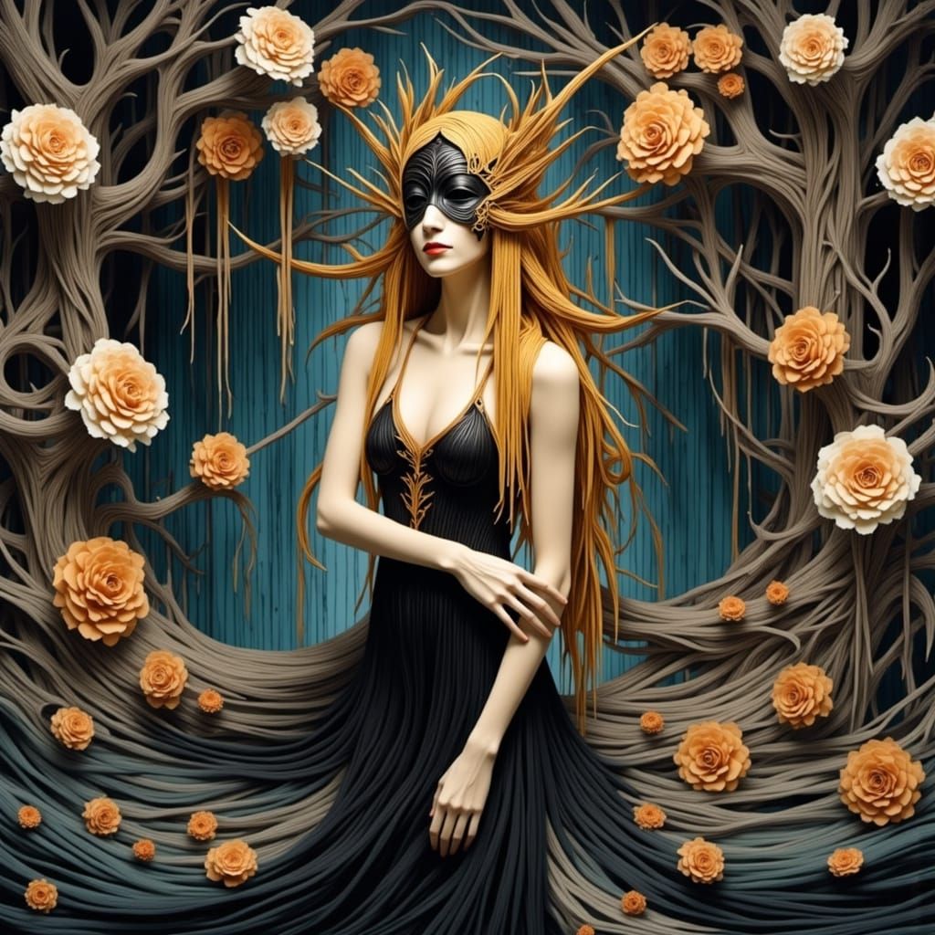 Elegant Woman in Mask Awaits Lover in Grove