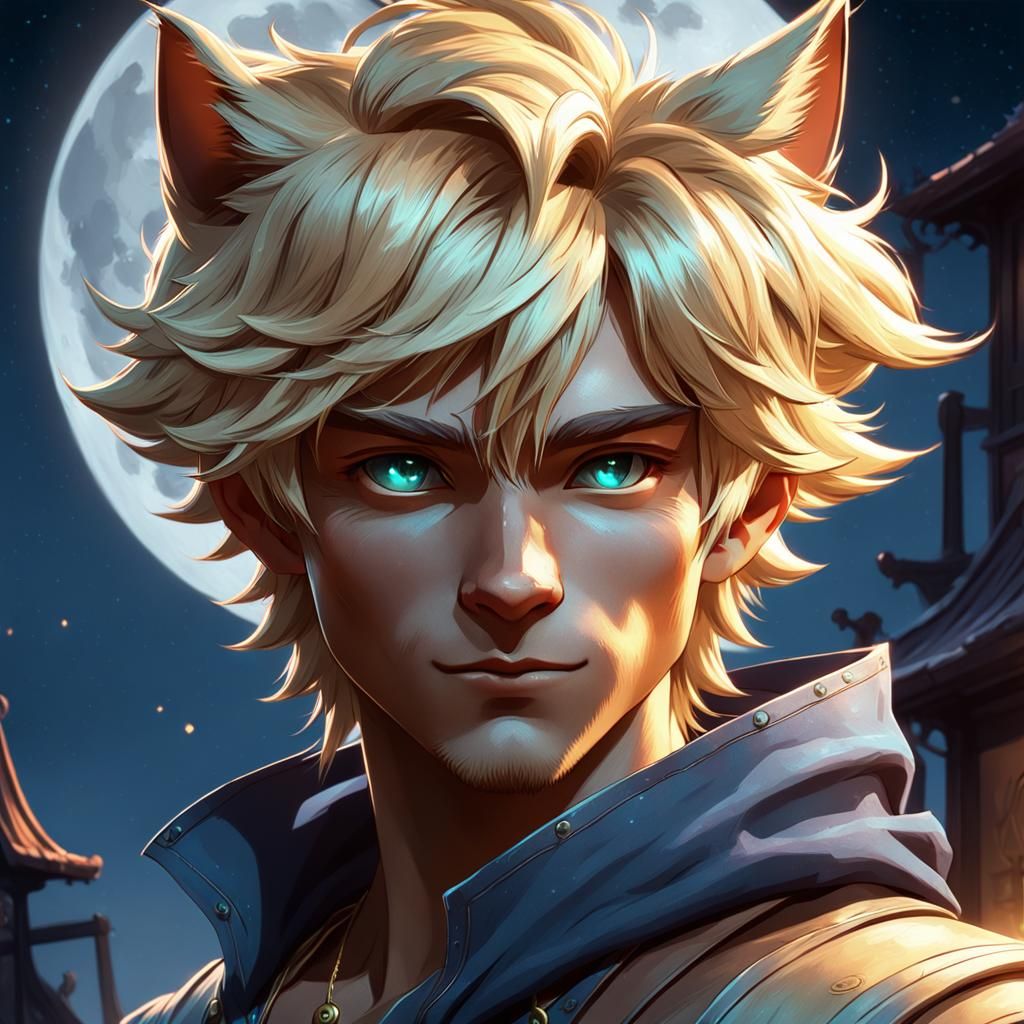 Blond Catboy Portrait in Moonlight, Digital Art
