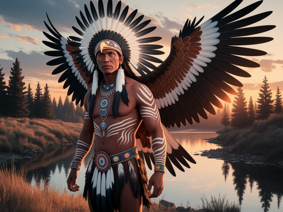 Indigenous Warrior with Eagle Feather Headdress in Twilight