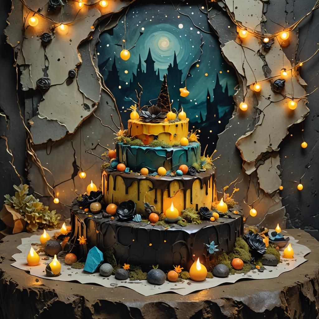 Surreal Melting Cake with Firefly Lights, Stone and Moss Sty...
