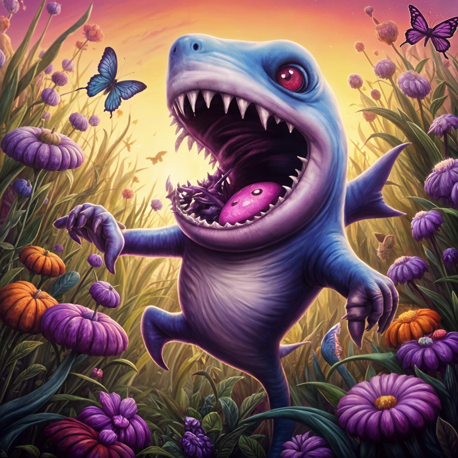 A furry little monster with pink and purple eyes shark teeth little fingers Hopping in a field under a send with butterf...