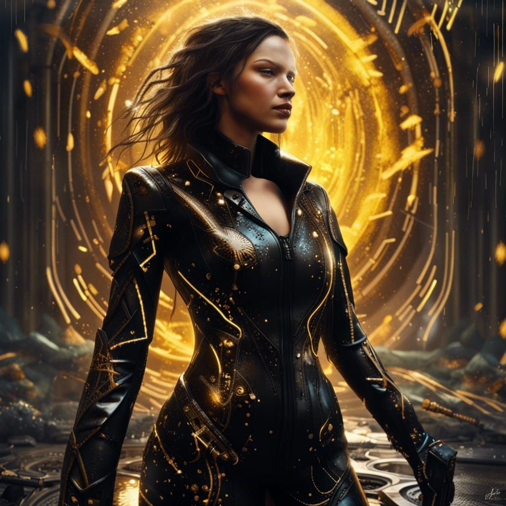 Futuristic Woman in Black Leather Suit