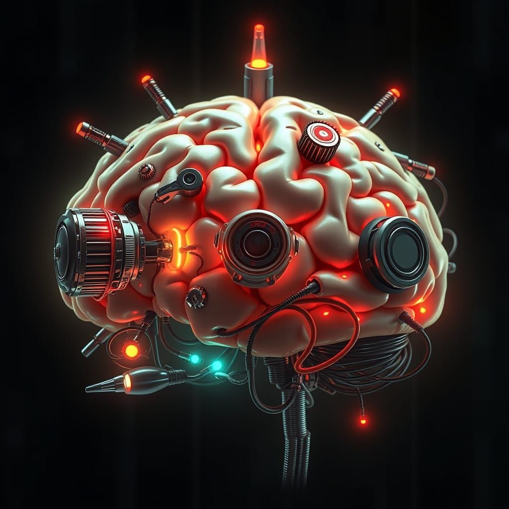 Cybernetic Brain with Neon Circuits in Futuristic Style