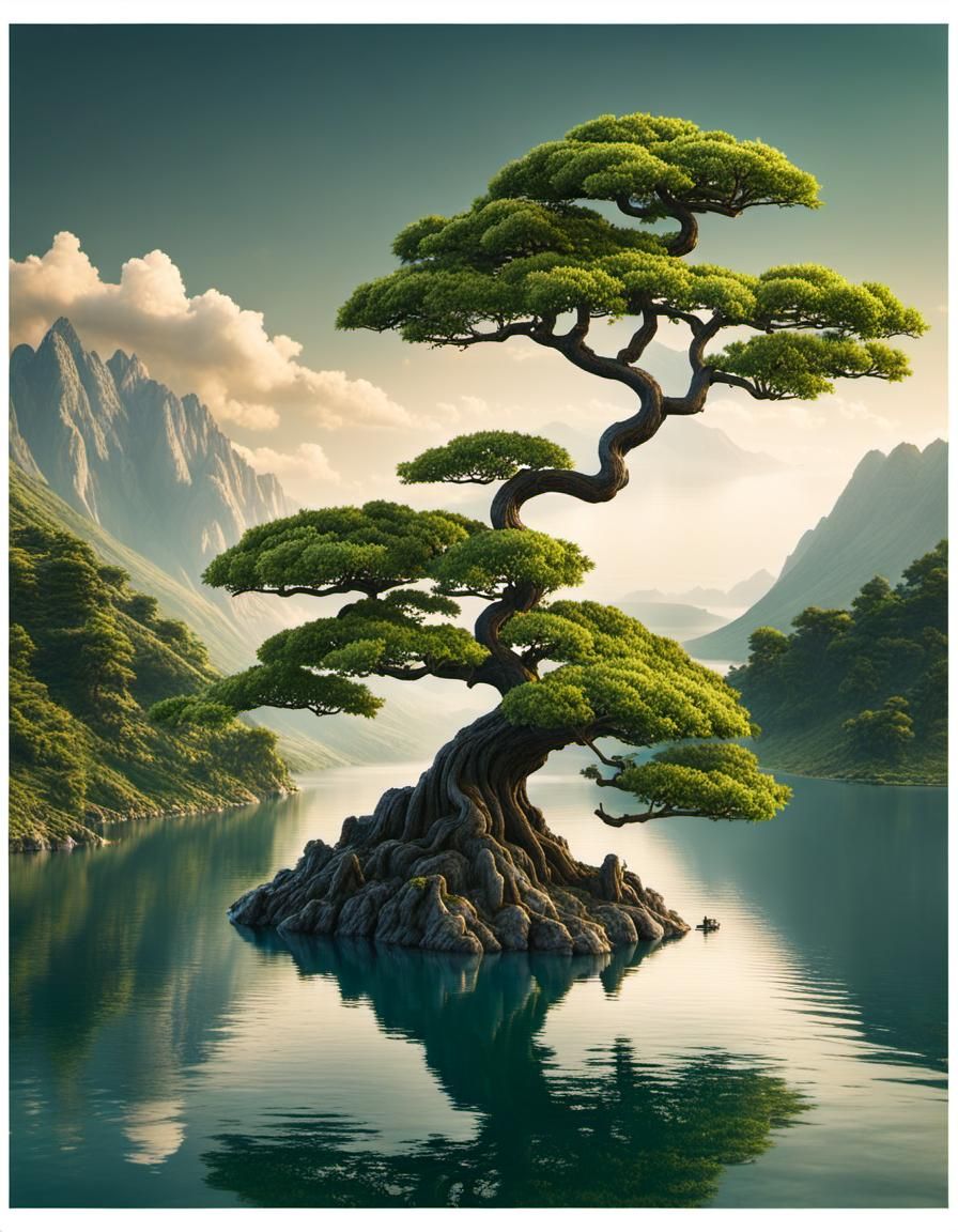 Bonsai Tree in Lake: Matte Painting