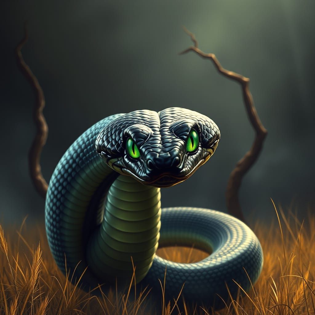 Sleek Black Mamba Snake with Glowing Emerald Eyes
