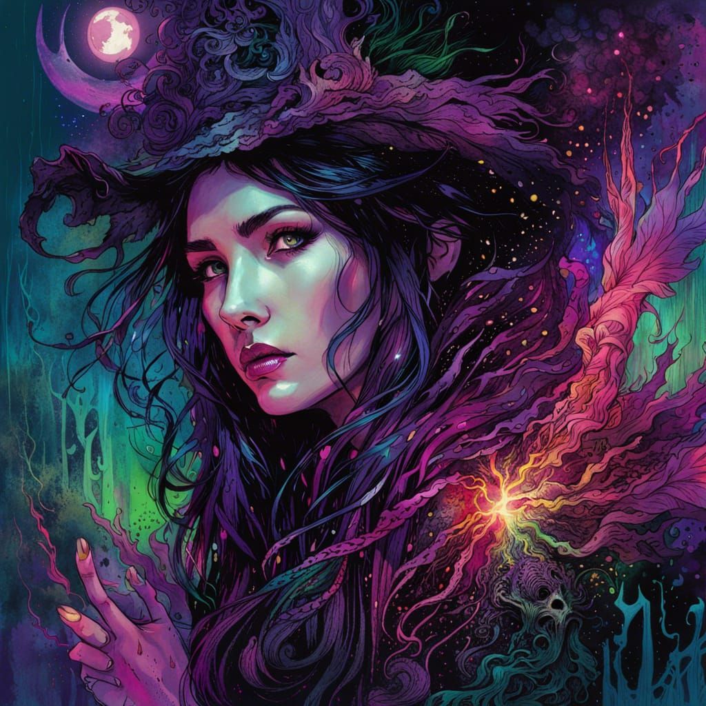 Sorceress Summons Ifrit: Ink and Mixed Media Art