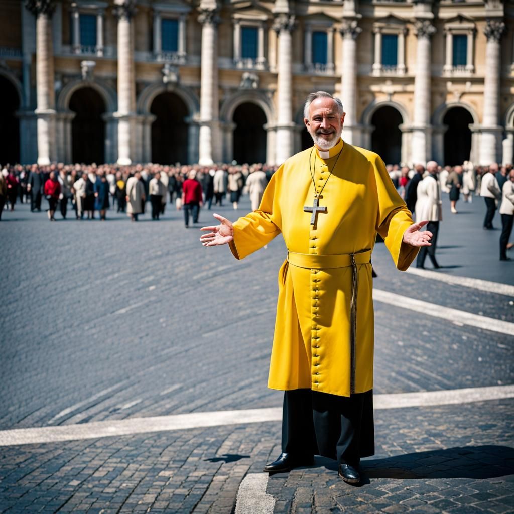 Bishop Winks in Yellow Outfit, Vatican Fashion Photo