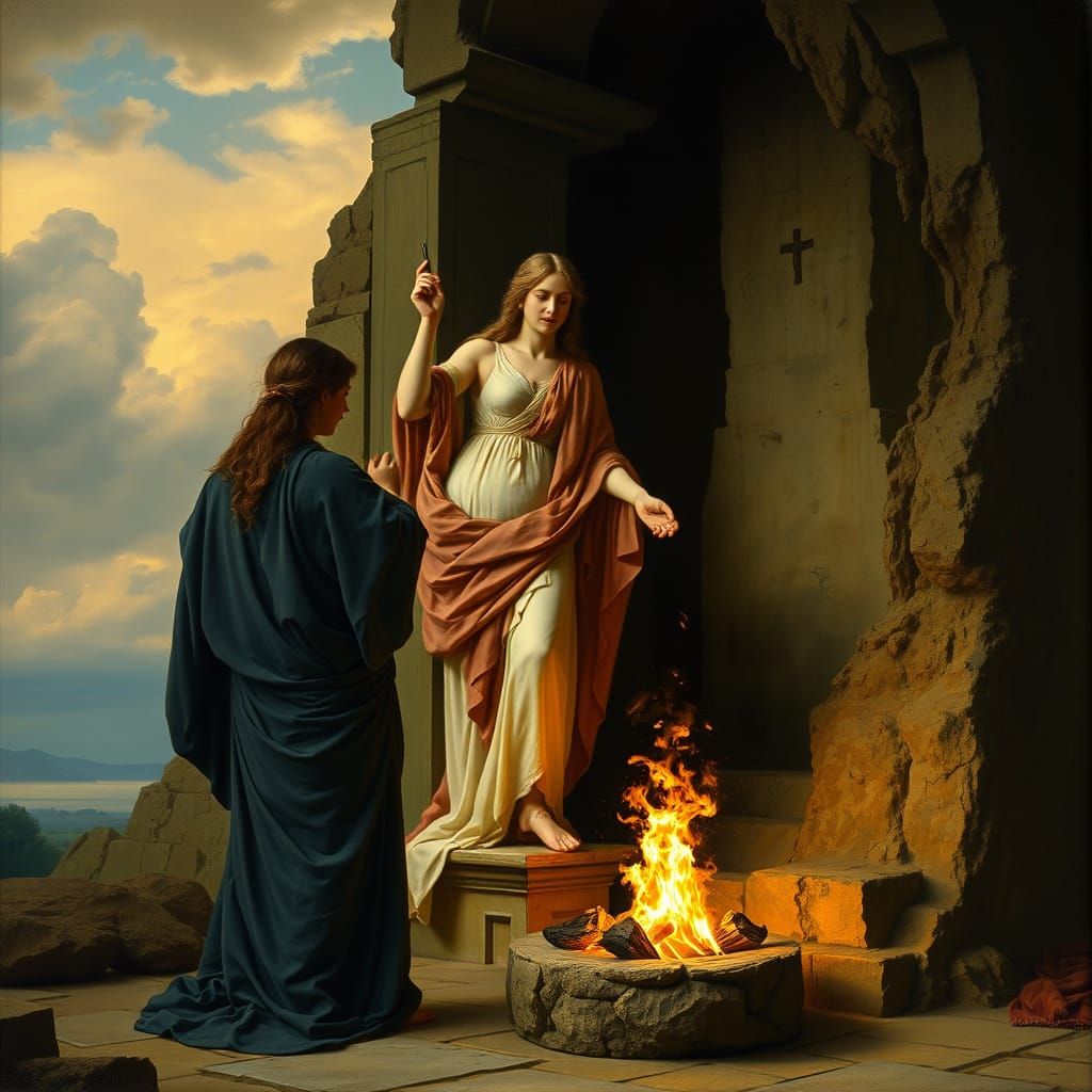 Ancient Roman Vestal Virgin Guarding Sacred Flame in Classic...