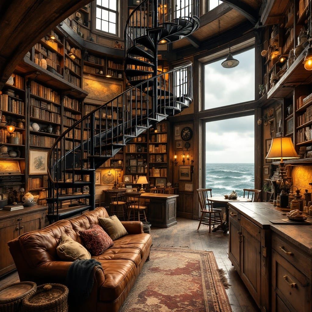 Inviting Lighthouse Interior with Spiral Staircase