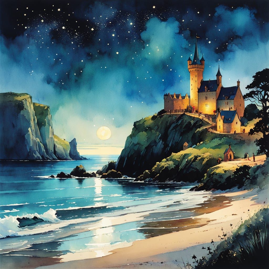 Medieval Seashore Under Starry Sky in Chiaroscuro