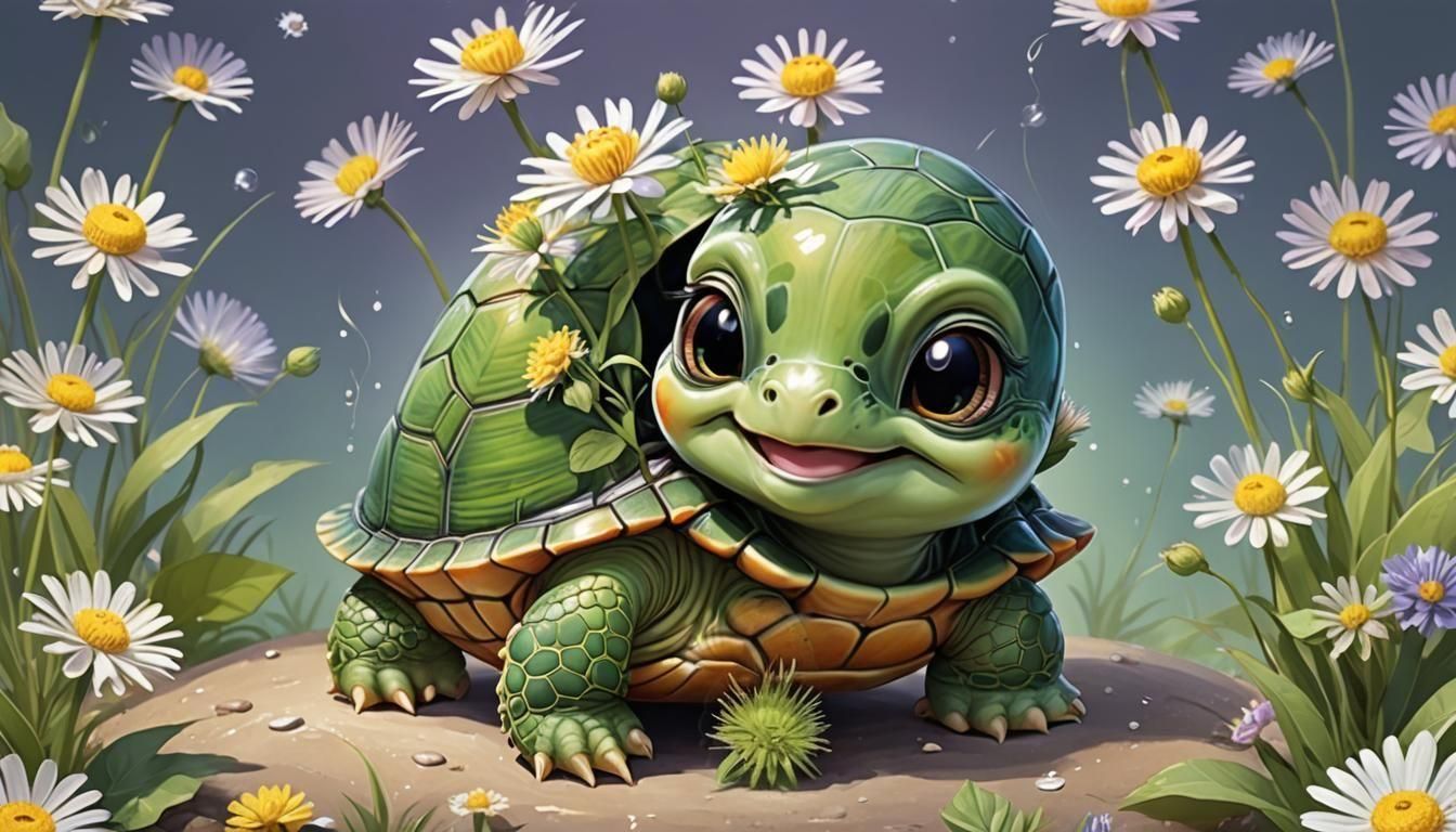 Adorable Chibi Baby Turtle with Dandelion Hair