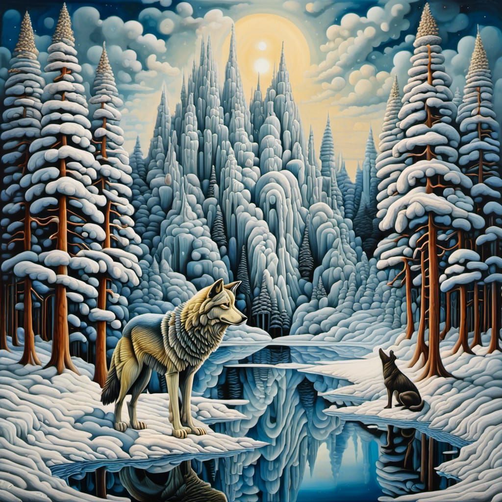 Surreal Wolf in Winter Forest Landscape