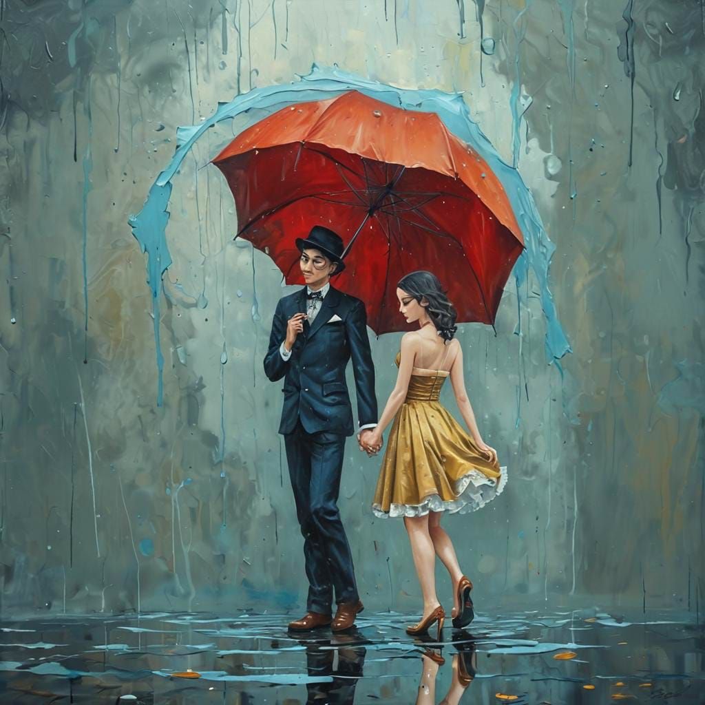 Romantic Anime Couple Under Umbrella in Rainy Oil Painting