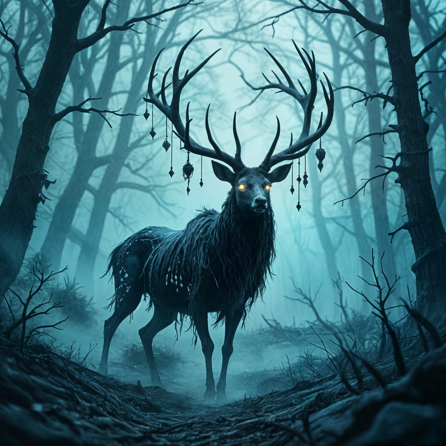 Skeletal Deer Roams Cursed Forest: Gothic Dark Art