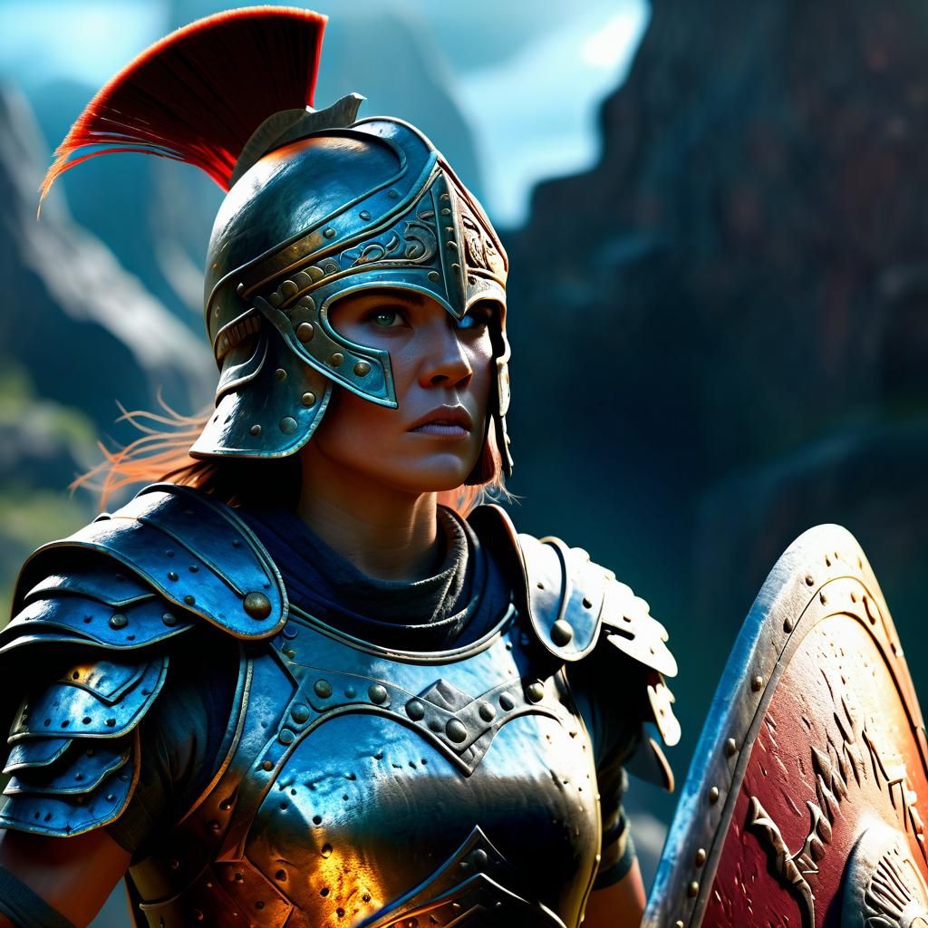 Detailed Female Warrior with Shield in Matte Painting