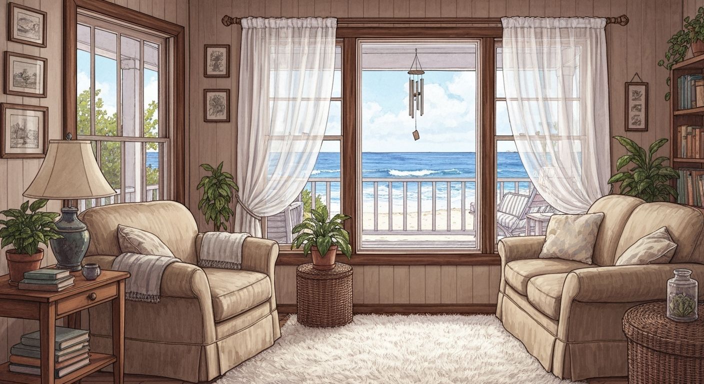 Cozy Beach House Interior with Soothing Ocean View