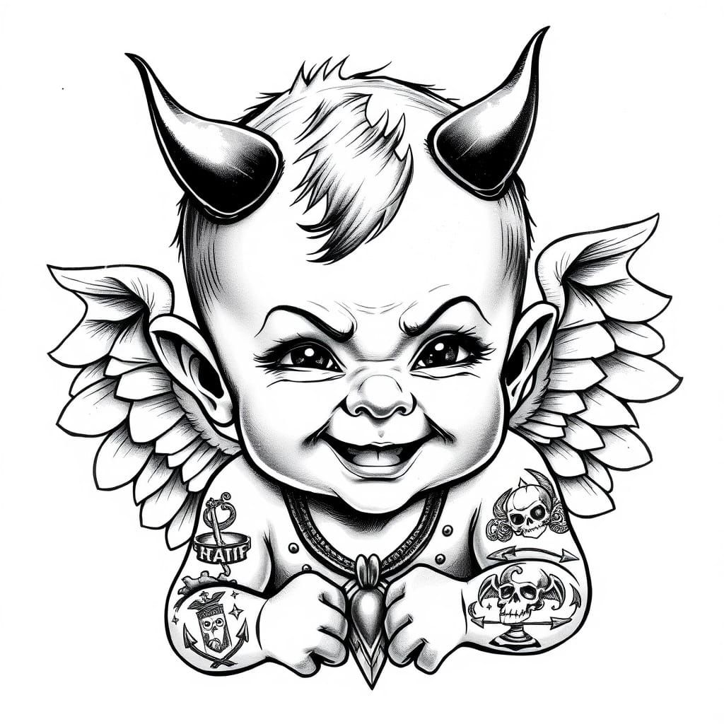 Cherubic Devil with Feathery Wings and Sailor Jerry Tattoos