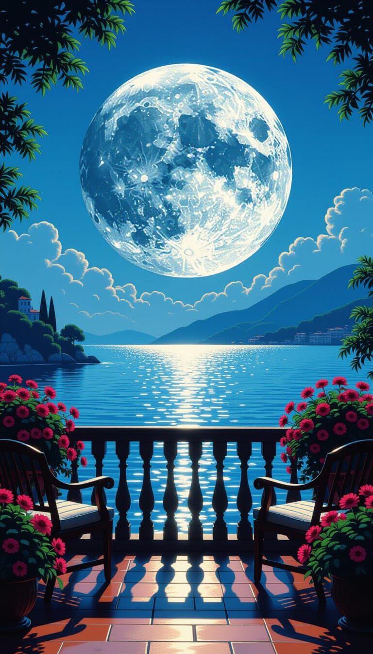 Picturesque Balcony View of Silver Moon, Ultra-Realistic Pho...
