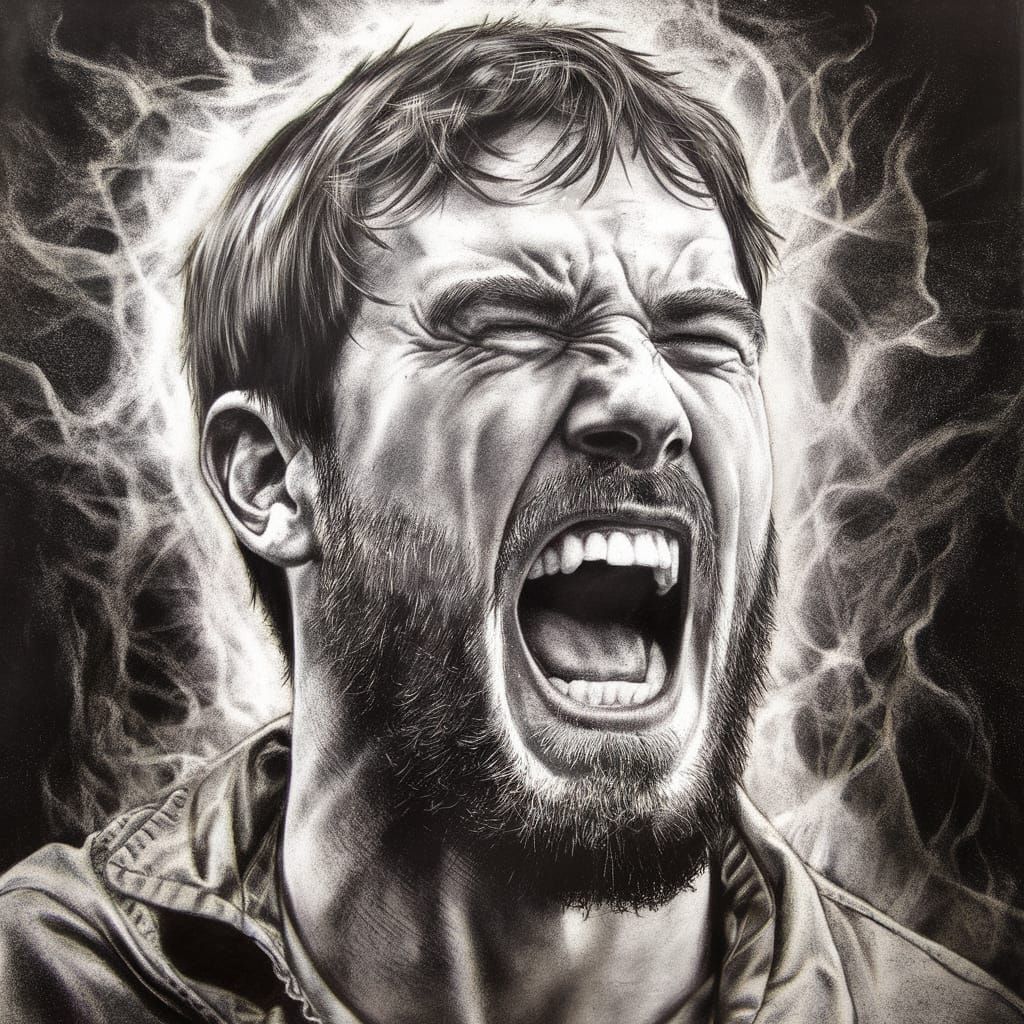 Detailed Charcoal Drawing of Screaming Man