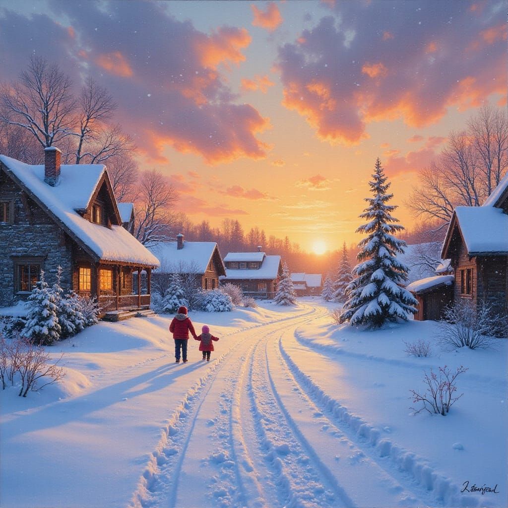 Snowy Village at Sunset in Impressionistic Oil Style