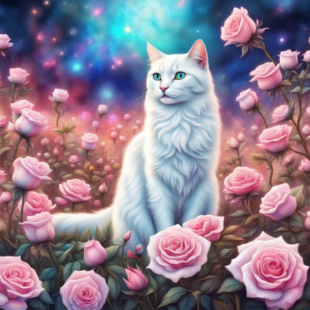 White Cat in Rose Meadow: Cosmic Illustration
