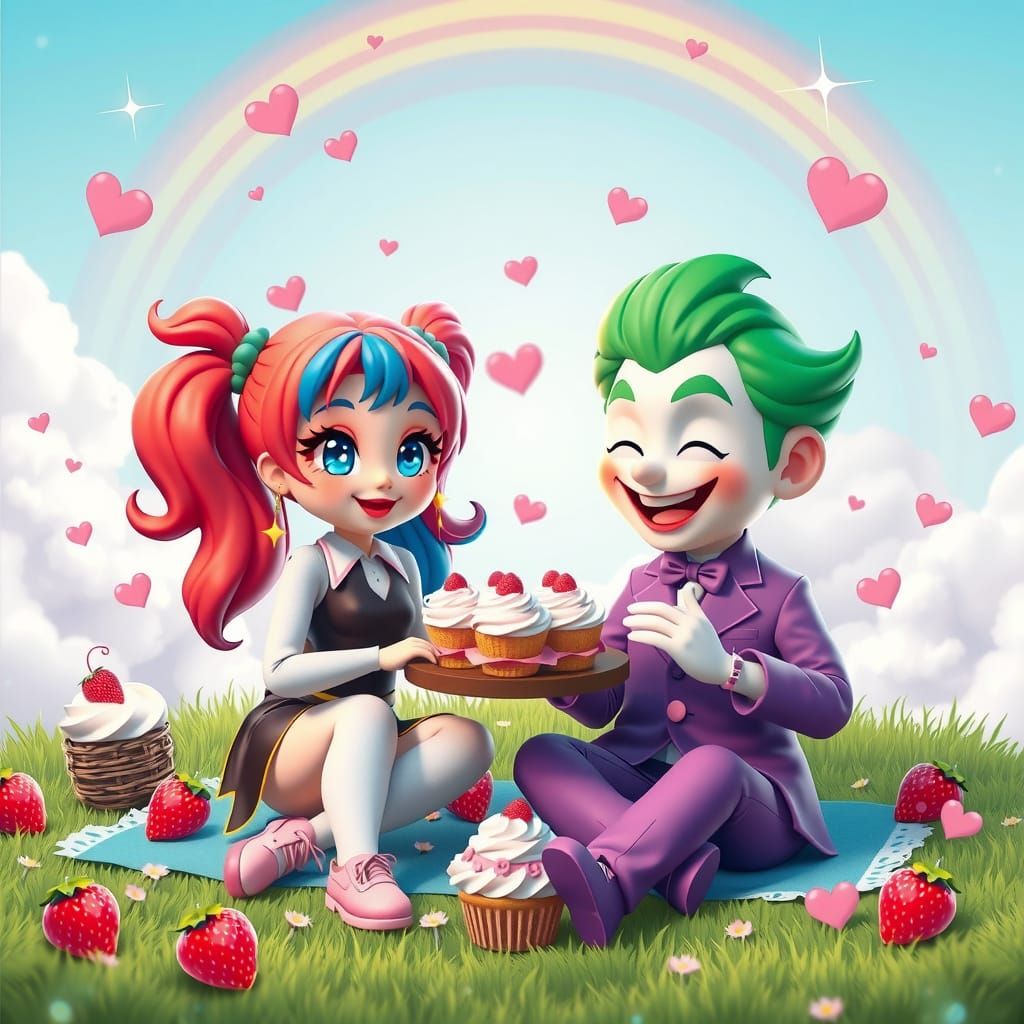 Harley Quinn and Joker having a joyful picnic