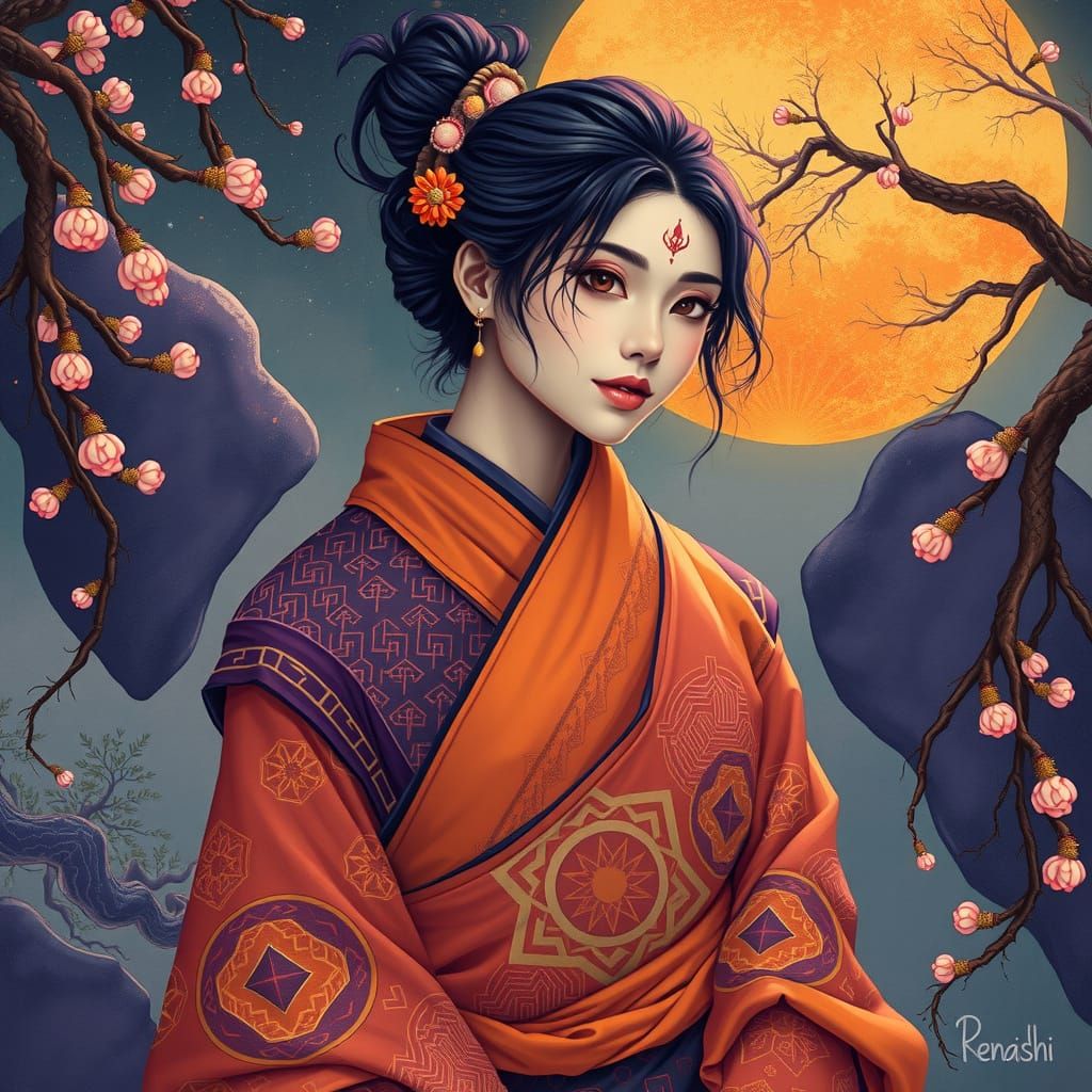 Dreamlike Kintsugi Goddess in Vibrant, Geometric Splendor