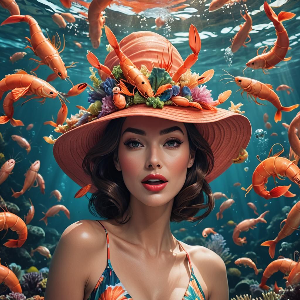 Cartoon Woman's Underwater Adventure with Sharks