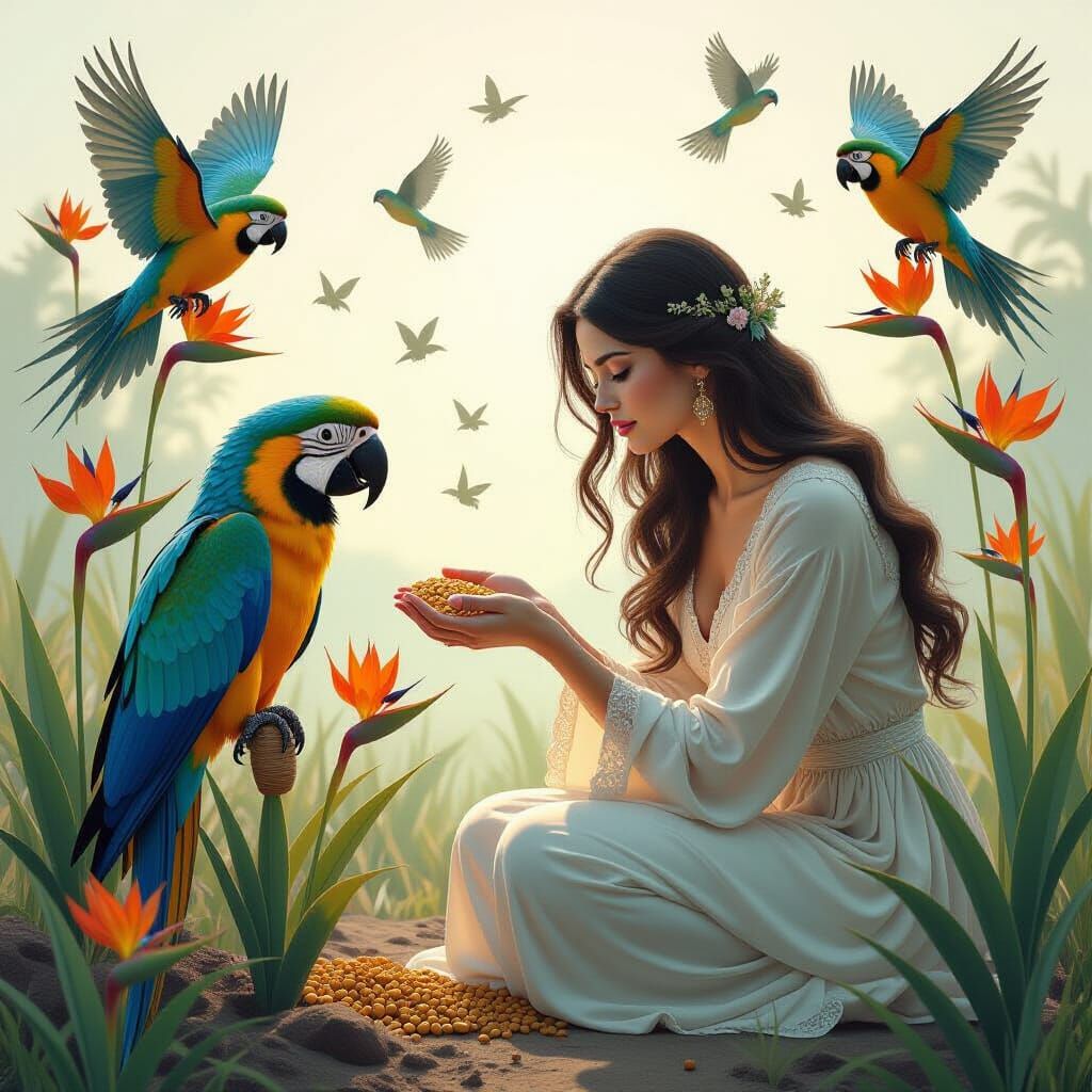 Woman with Parrots in Dreamlike Bio-Art Style