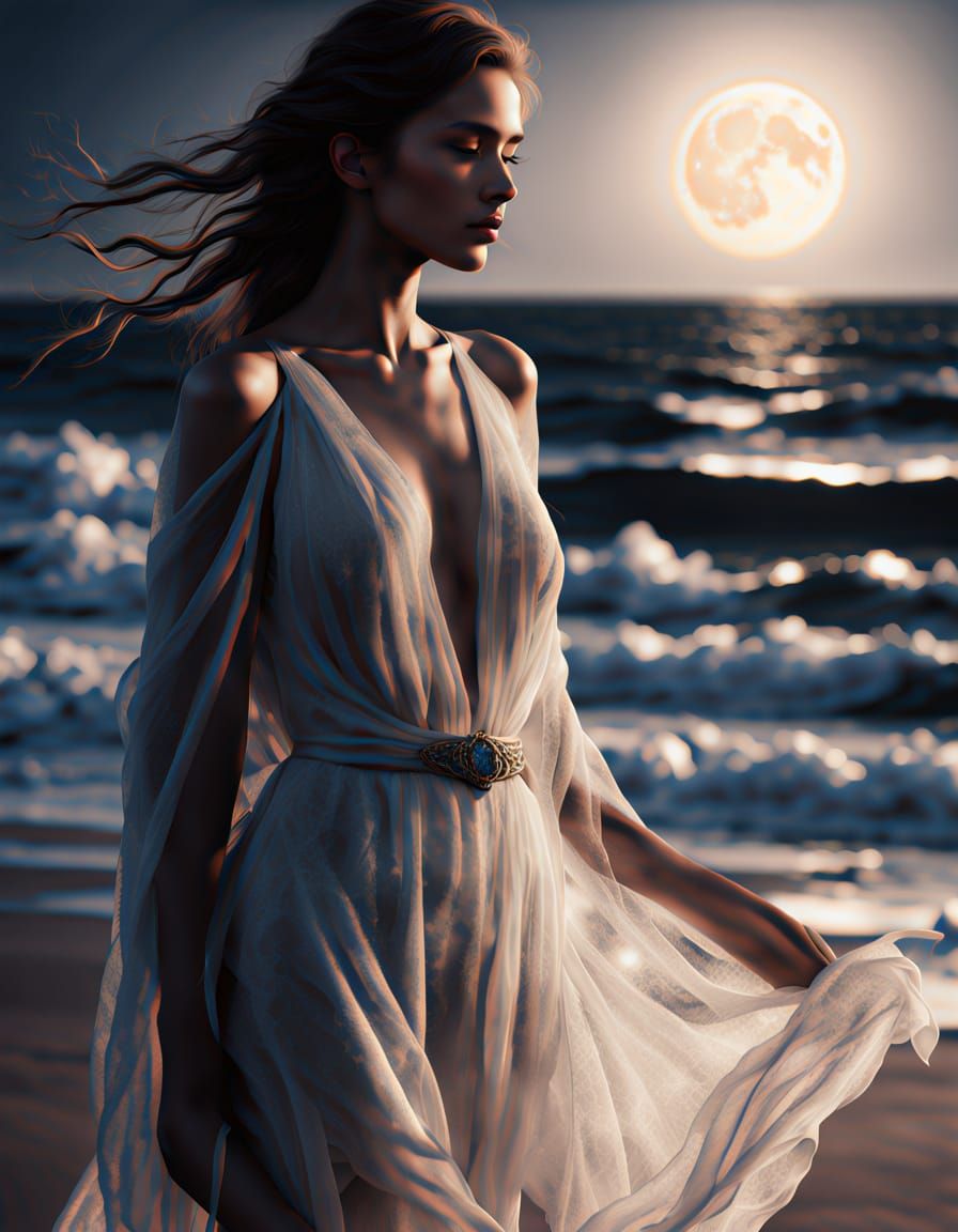 Ethereal Aetherpunk Goddess in Moonlit Beachscape