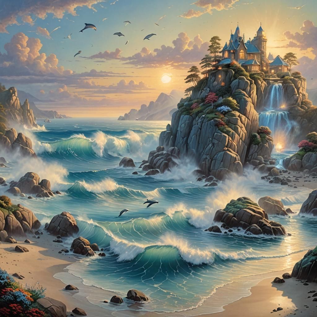 Sunrise Dolphins at Rocky Beach in Fantasy Style