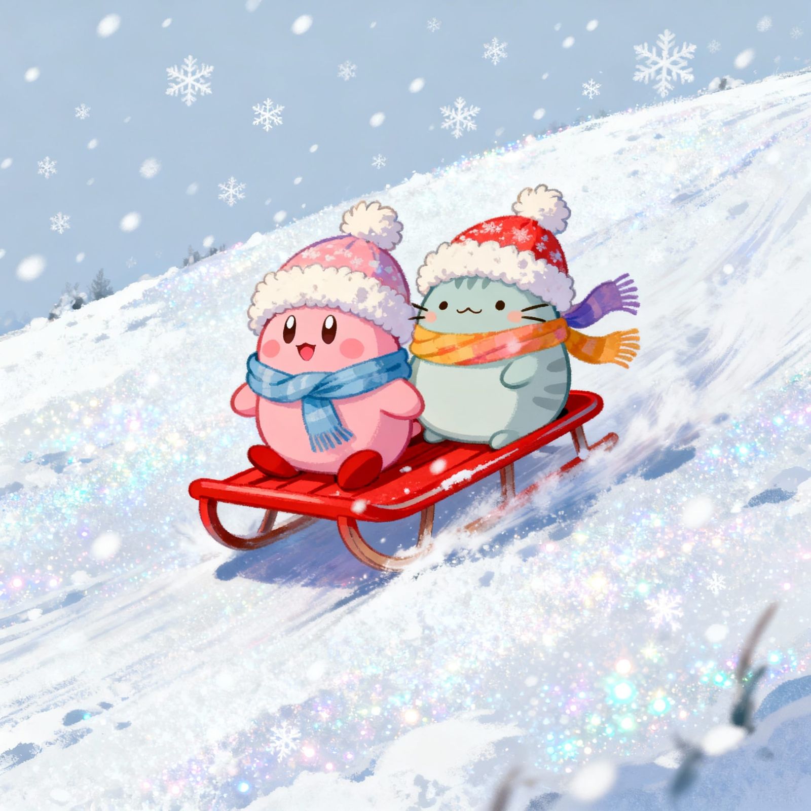 Kirby and Pusheen Sledding Down Snowy Hill