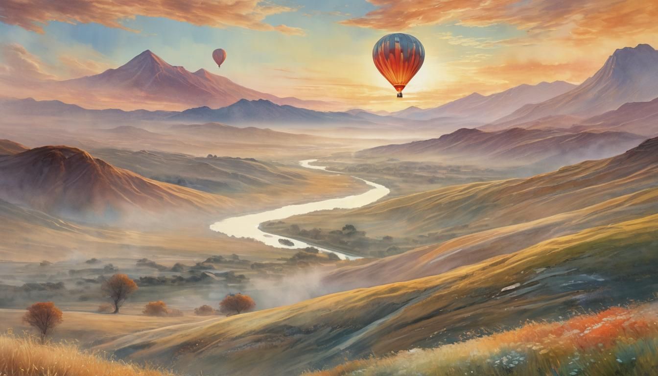 Hot Air Balloon in Serene Valley: Impressionist Painting