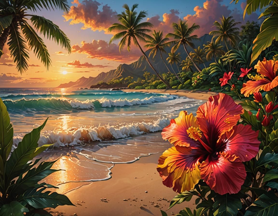 Hawaiian Sunset with Hibiscus Flowers: Splash Art