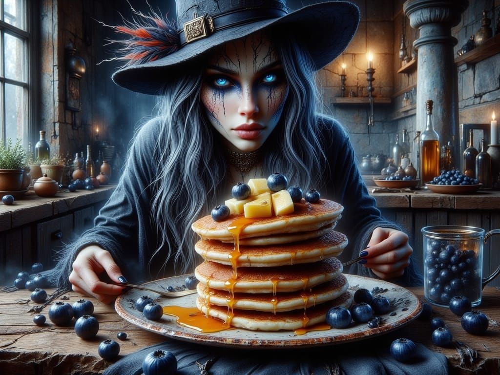 Witch Serves Blueberry Pancakes: Antique Food Photography