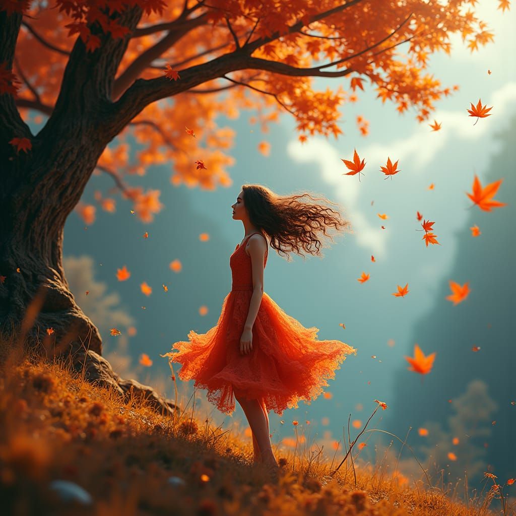Whimsical Woman in Autumnal Fantasy Landscape