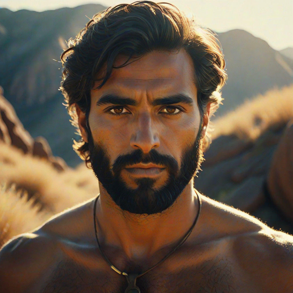 A Handsome Young Man with a Strong Beard, Set Against a Warm...