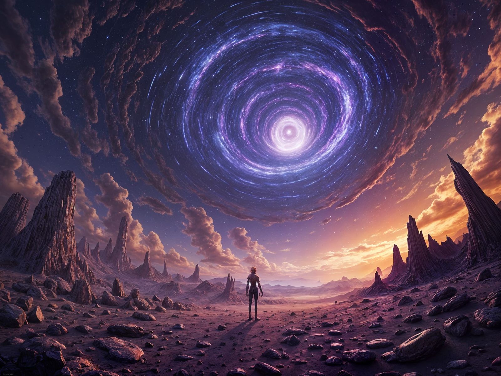 Cosmic Vortex: A Lone Figure on a Barren Planet