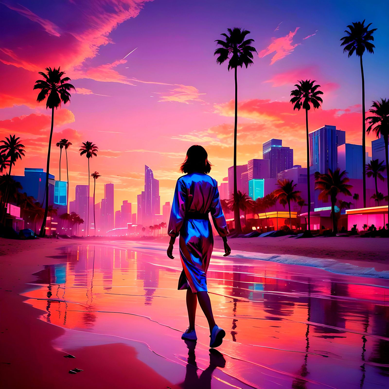 Synthwave Beach Scene in Retro Neon