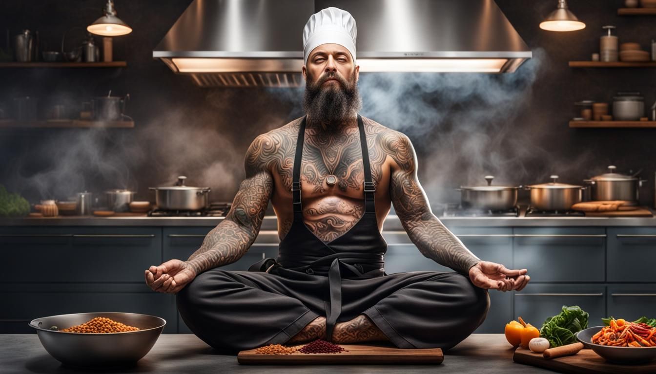 Epic Art: Meditating Chef in Ultra-Modern Kitchen