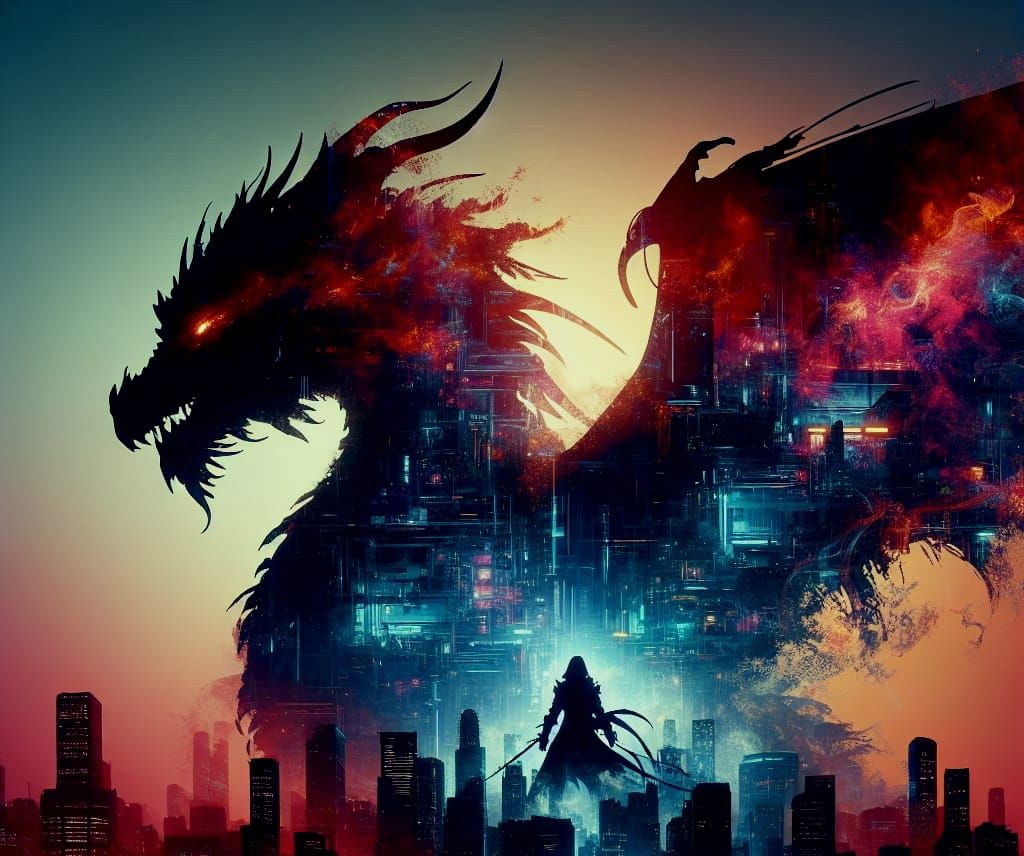 Cyberpunk Dragon Silhouette in Dystopian Cityscape