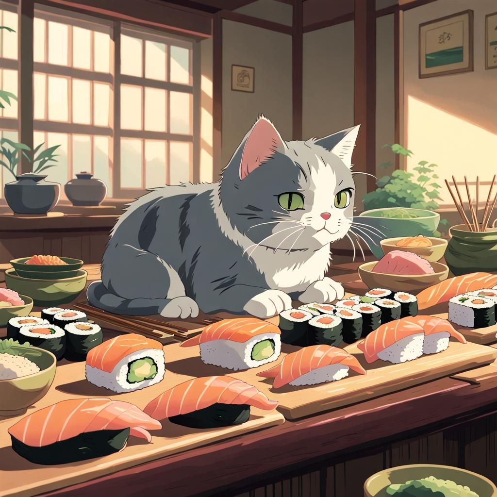 Sushi Cat in Studio Ghibli Anime Style