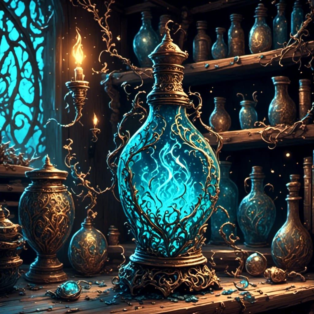 Mysterious Glowing Potion Bottle in Magical Realism