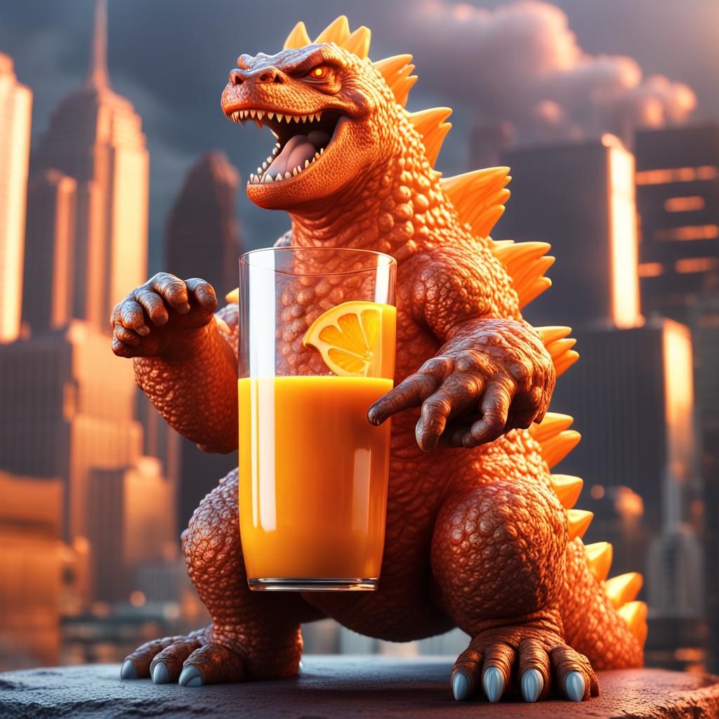 Godzilla drink orange juice