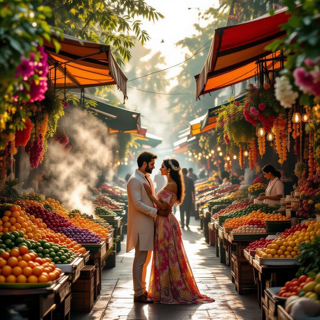 Vibrant Dawn Market Scene with Couple