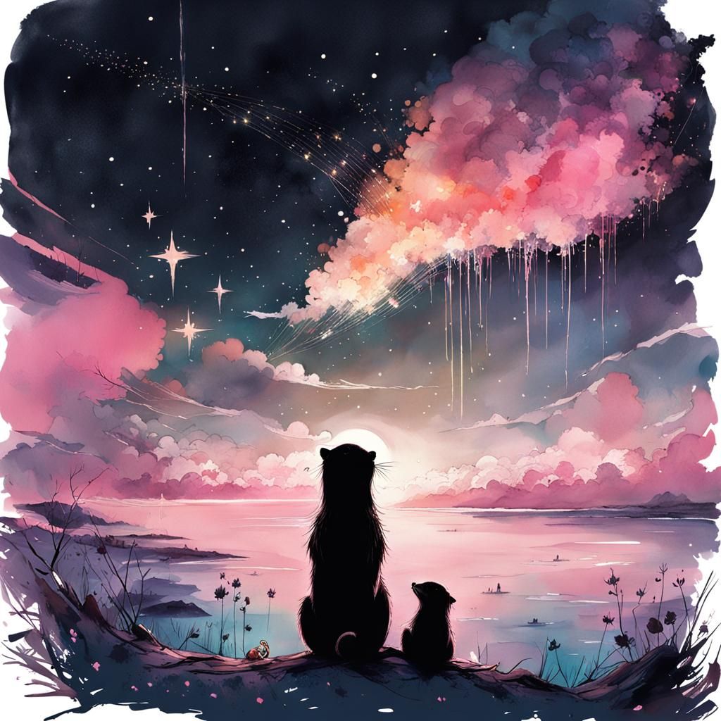 Otters Play with Star: Watercolor Splash Art